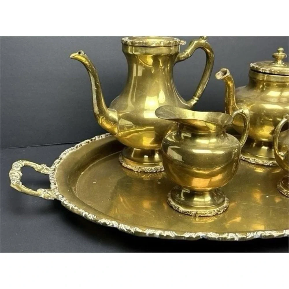 Vintage Solid Brass Tea Coffee Set Tray 4 Pc Teapot Creamer Sugar Ornate